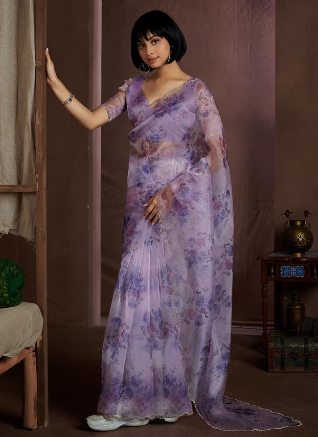 Soft Organza Purple Traditional Wear Zircon Border Saree